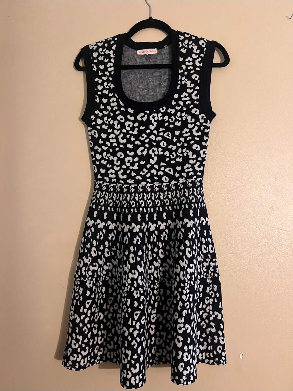 Rebecca Taylor Black and White Sleeveless Animal-Print Knit Mini Dress